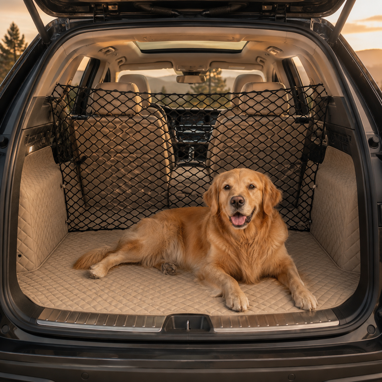 Dog sitting in a car trunk with a pet barrier during sunset.