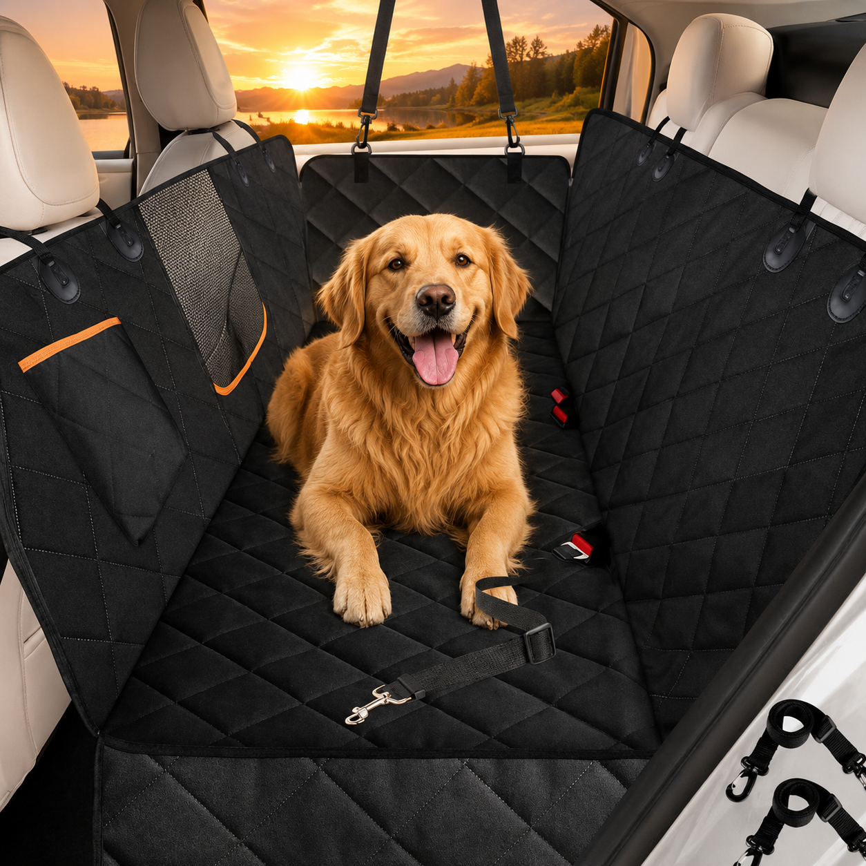 Dog sitting on a black car seat cover with a scenic view outside