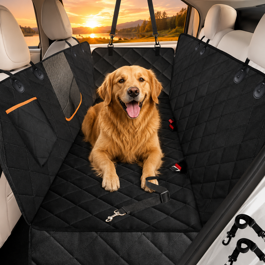 Dog sitting on a black car seat cover with a scenic view outside