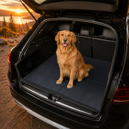 Dog sitting on a black pet mat in the open trunk of a car with a scenic background.